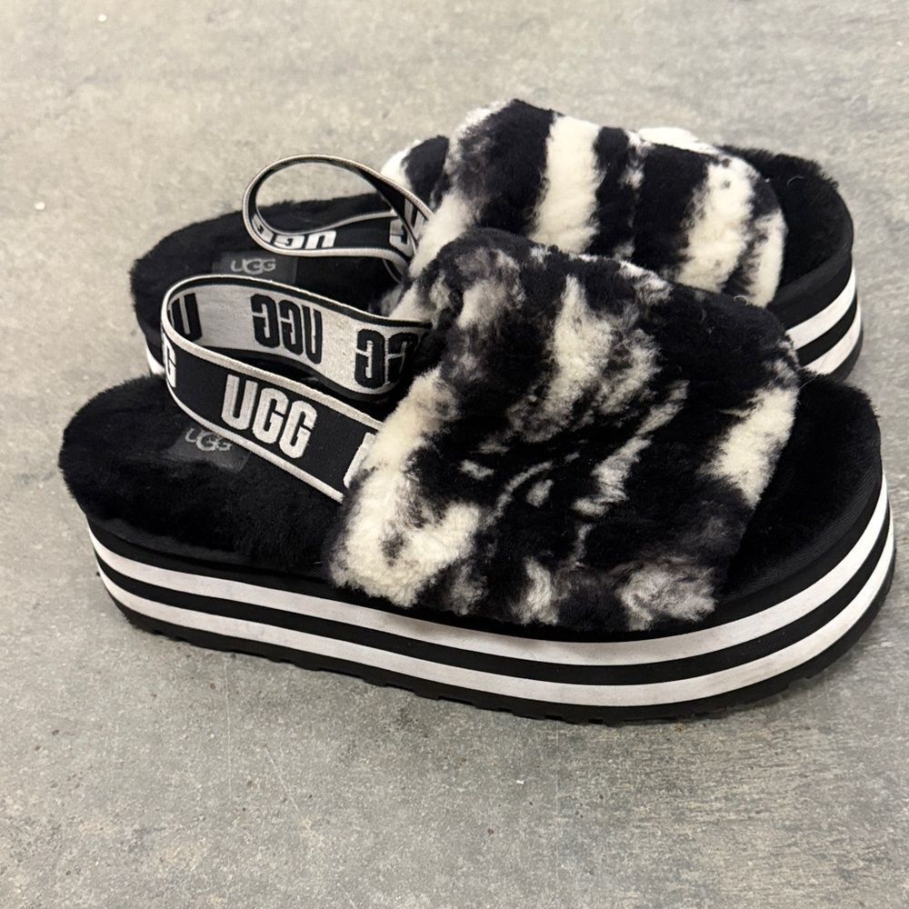 UGG Black and White Fuzzy Platform Sandals - Picture 2 of 4